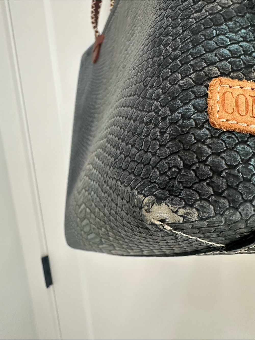 Consuela Teal Snake-Print Tote with Brown Handles - Picture 6 of 9
